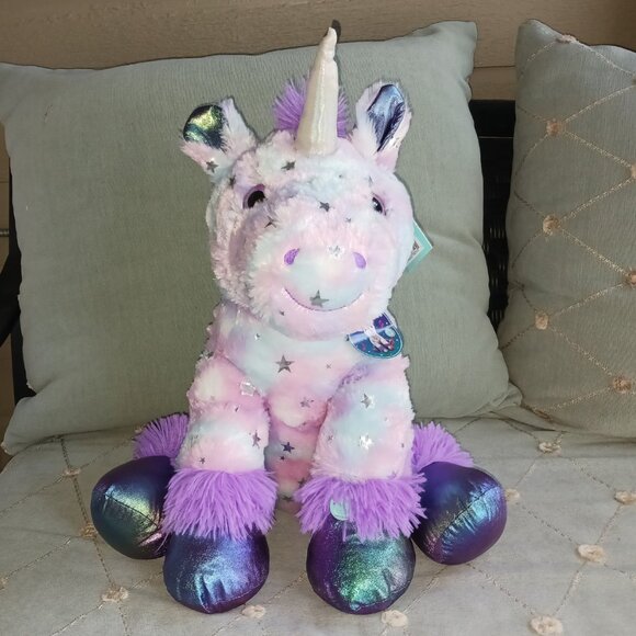 Hug Me Sparkle 21" Unicorn Plush Lights Up & Plays Music Silver Metallic Stars - Picture 1 of 6